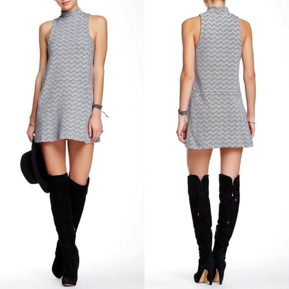 Free People Twiggy Herringbone Mock Neck Drop Waist Mini Dress Black